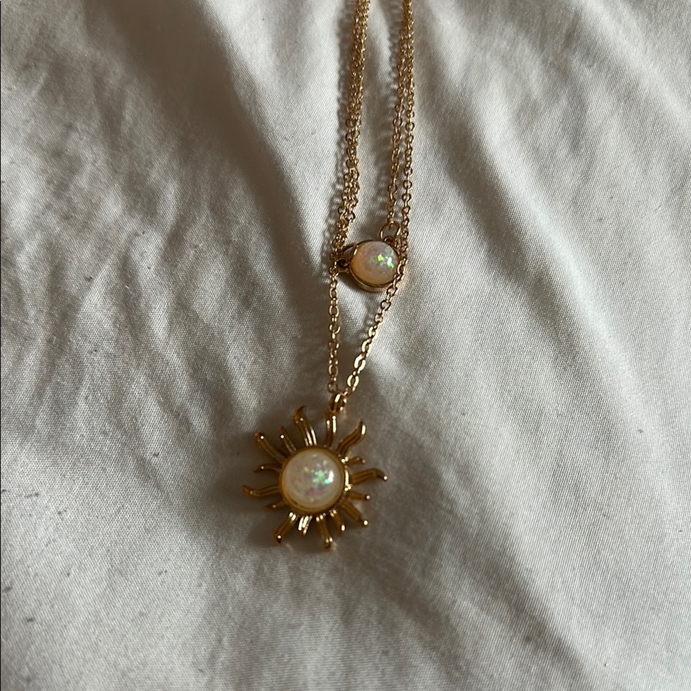 Gold Sun Pendant Necklace with Opal Accents